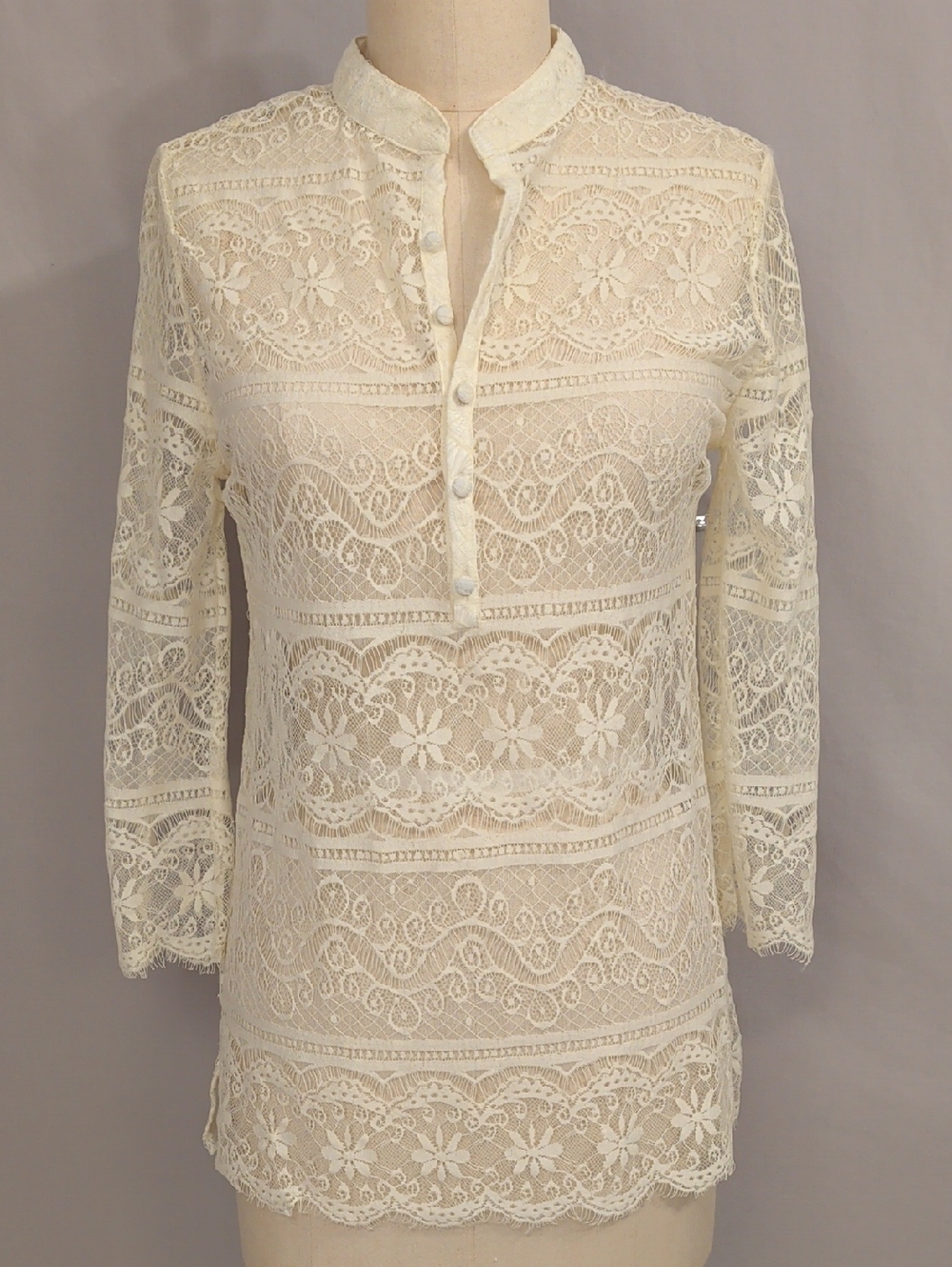 Sheer Lace Mandarin Band Collar Blouse Tunic Top Cream Ivory